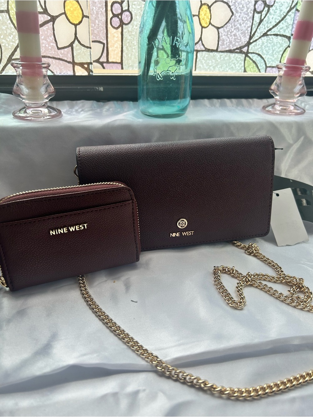 Nine West Burgundy Crossbody Purse with Matching Wallet and Gold Chain
